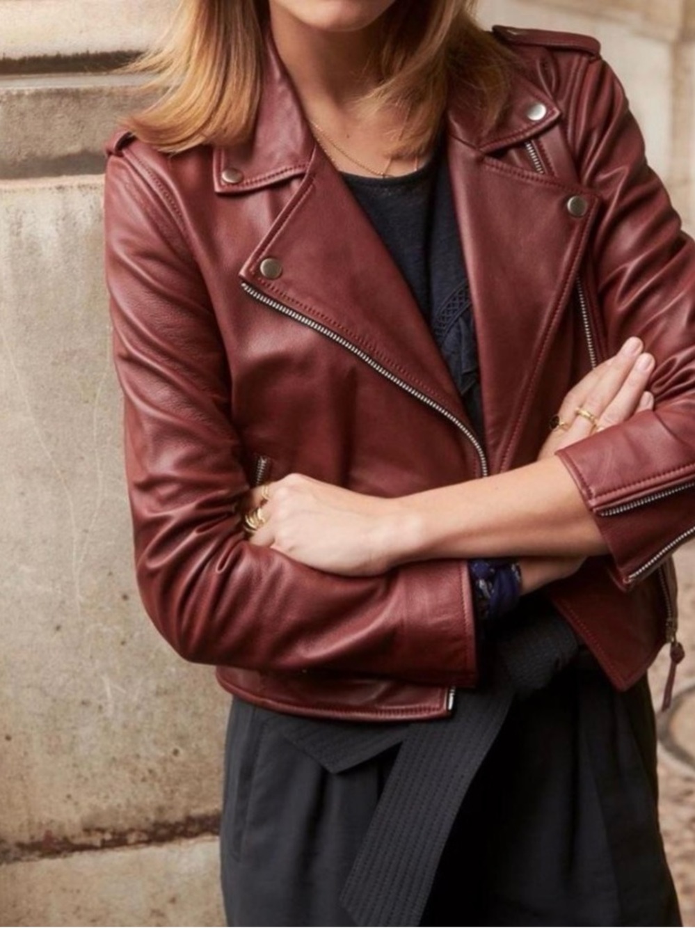 NWOT Sezane Burgundy Leather Zig Moto Jacket
